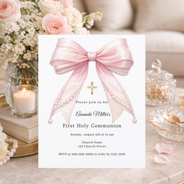 Pink bow pearls girl First Communion invitation (Creator Uploaded)