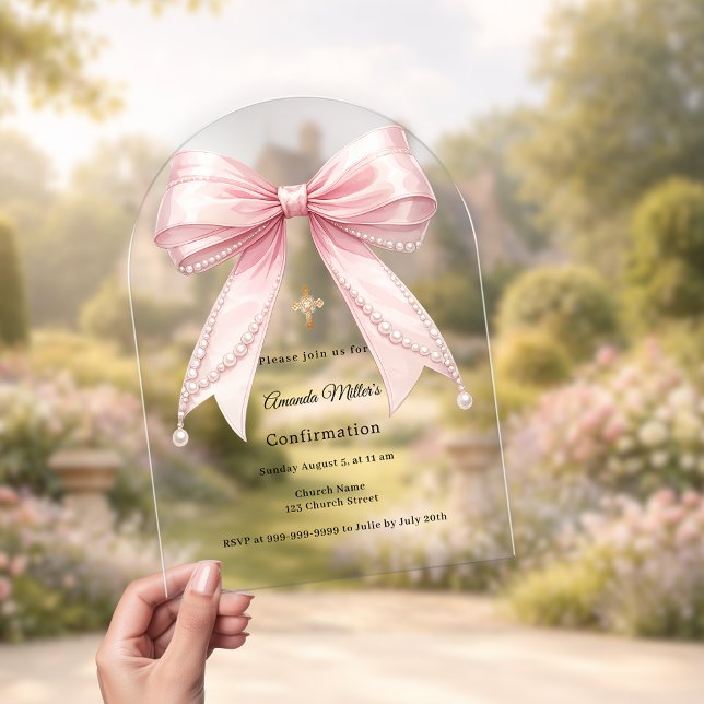 Pink bow pearls girl luxury Confirmation arch Acrylic Invitations (Creator Uploaded)