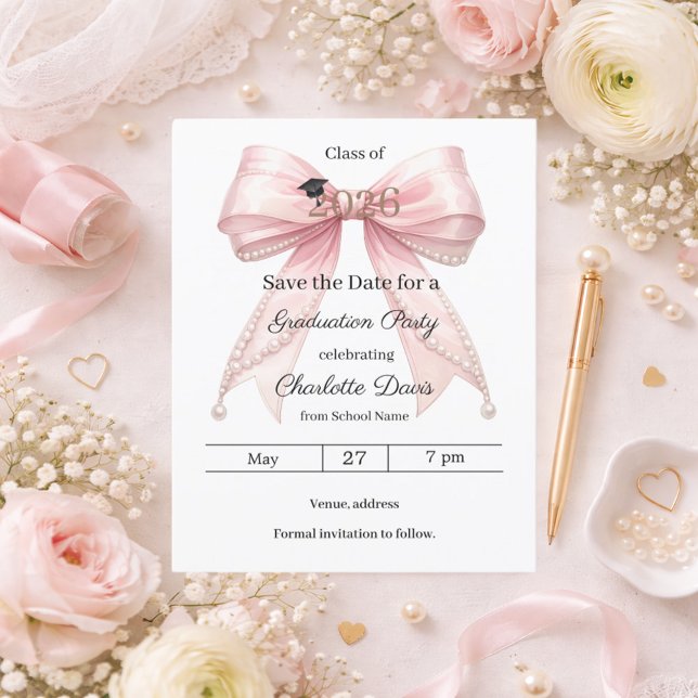 Pink bow pearls Graduation party Save the Date Flyer (Creator Uploaded)