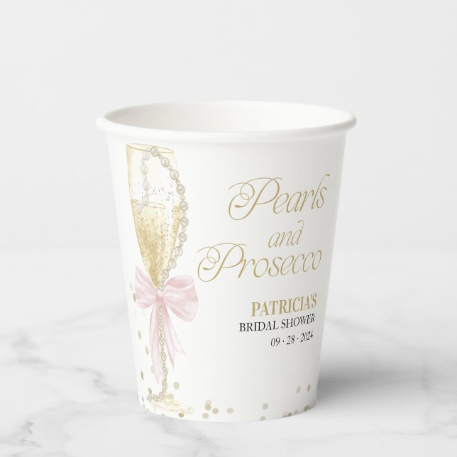 Pink Bow Pearls & Prosecco Bridal Shower Paper Cups (Front)