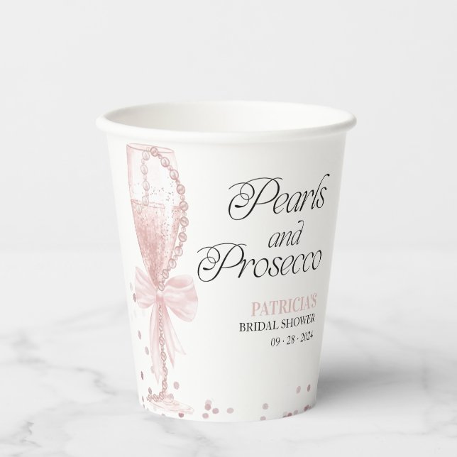 Pink Bow Pearls & Prosecco Bridal Shower Paper Cups (Front)