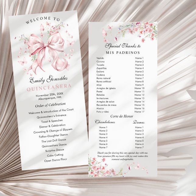 Pink Bow Pearls Quinceañera Order of Events  Programme (Creator Uploaded)