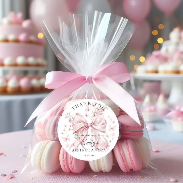 Pink Bow Pearls Quinceañera Thank you Sticker (Elegant Pink Bow Pearls Quinceañera Thank you Stickers)