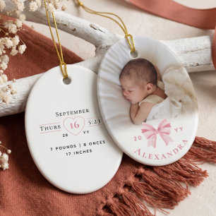 Pink Bow Personalised Baby Name Photo Birth Stats Ceramic Tree Decoration