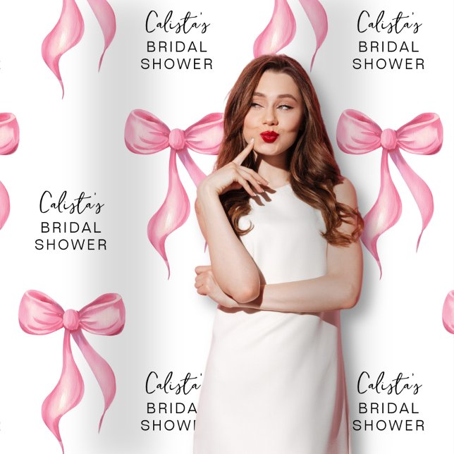 Pink Bow Personalised Bridal Shower Large Backdrop Tapestry (Mockup shown on a Large size background (close-up view))