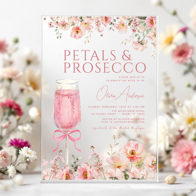 Pink Bow Petals & Prosecco Blush Bridal Shower  Acrylic Invitations (Creator Uploaded)