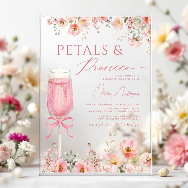 Pink Bow Petals & Prosecco Blush Bridal Shower  Acrylic Invitations (Creator Uploaded)