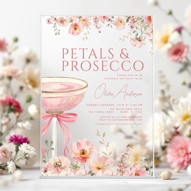 Pink Bow Petals & Prosecco Blush Bridal Shower  Acrylic Invitations (Creator Uploaded)