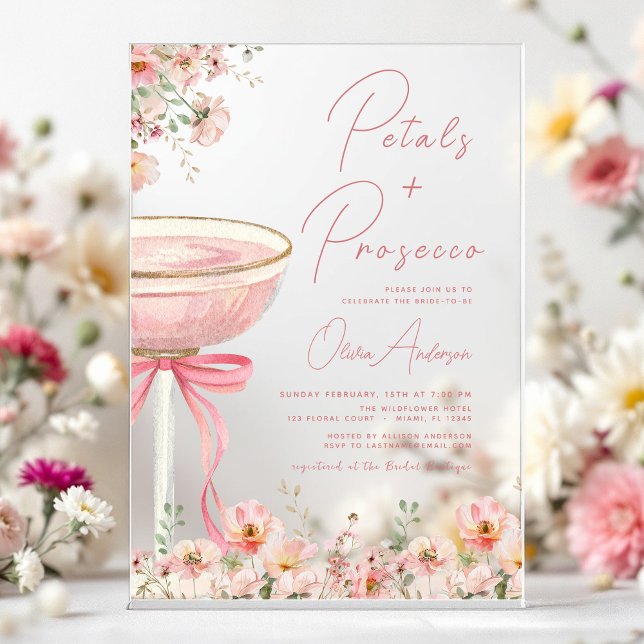 Pink Bow Petals & Prosecco Blush Bridal Shower  Acrylic Invitations (Creator Uploaded)