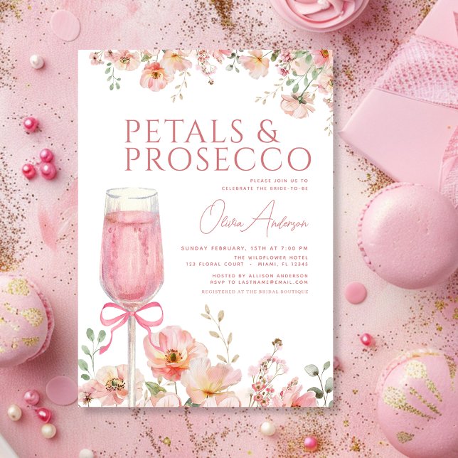 Pink Bow Petals & Prosecco Blush Bridal Shower  Invitation (Creator Uploaded)