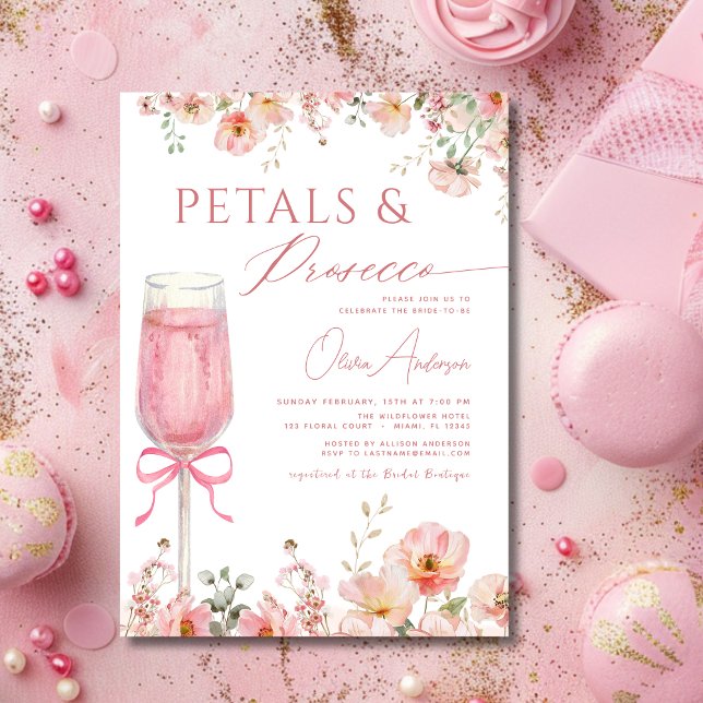 Pink Bow Petals & Prosecco Blush Bridal Shower  Invitation (Creator Uploaded)