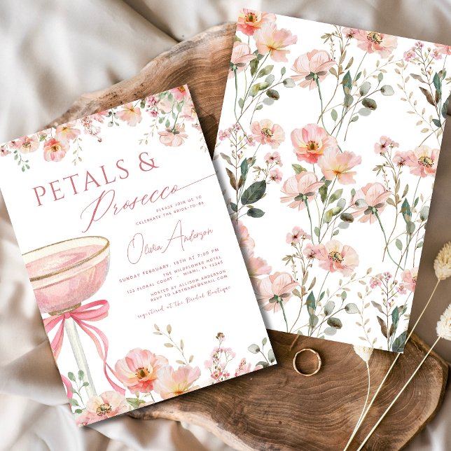 Pink Bow Petals & Prosecco Blush Bridal Shower  Invitation (Creator Uploaded)