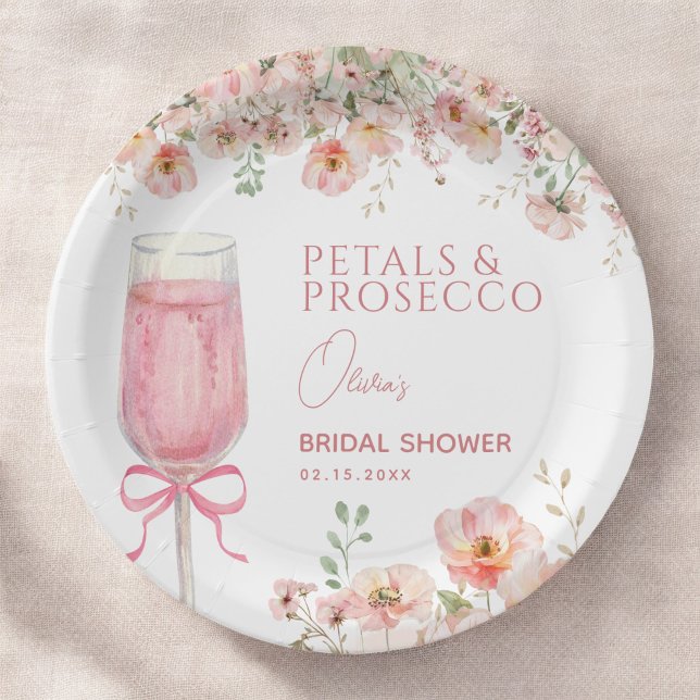 Pink Bow Petals & Prosecco Blush Bridal Shower  Paper Plate (Creator Uploaded)