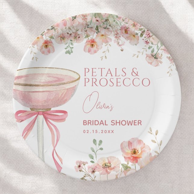 Pink Bow Petals & Prosecco Blush Bridal Shower  Paper Plate (Creator Uploaded)