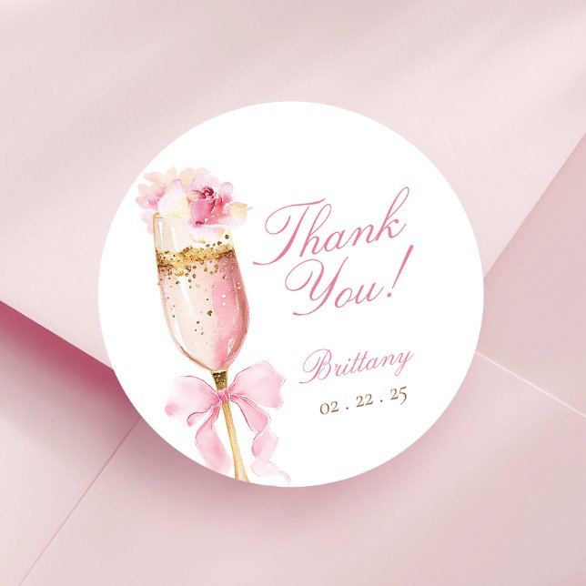 Pink Bow Petals Prosecco Bridal Shower Classic Round Sticker (Creator Uploaded)