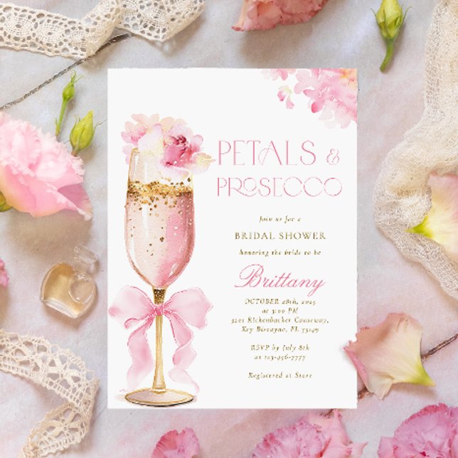Pink Bow Petals Prosecco Bridal Shower Invitation (Creator Uploaded)