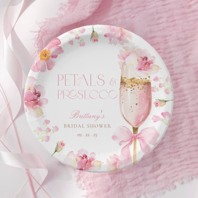 Pink Bow Petals Prosecco Bridal Shower Paper Plate (Creator Uploaded)