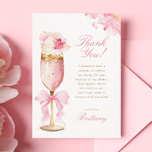 Pink Bow Petals Prosecco Bridal Shower Thank You Card