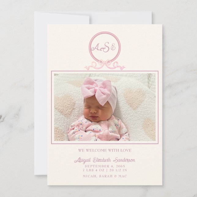 Pink Bow Photo Birth Announcement II (Front)