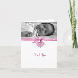 Pink Bow Photo Christening Thank You Cards
