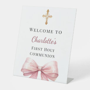 Pink bow photo First Holy Communion welcome Pedestal Sign
