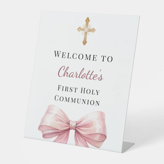 Pink bow photo First Holy Communion welcome Pedestal Sign (Front)