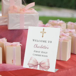 Pink bow photo First Holy Communion welcome Pedestal Sign