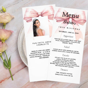 Pink bow photo fun facts birthday menu card