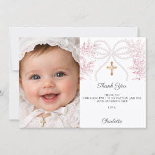 Pink bow photo pearls florals girl Baptism Thank You Card