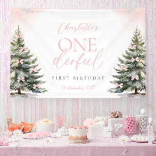 Pink Bow Pine Trees Winter Onederland 1st Birthday Banner