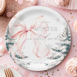 Pink Bow Pine Trees Winter Onederland 1st Birthday Paper Plate