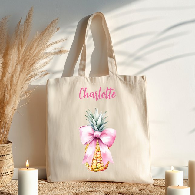 Pink bow pineapple tropical name script large tote bag (Creator Uploaded)