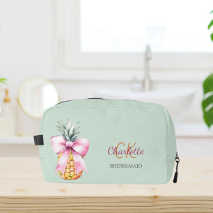 Pink bow pineapple tropical sage green bridesmaid dopp kit