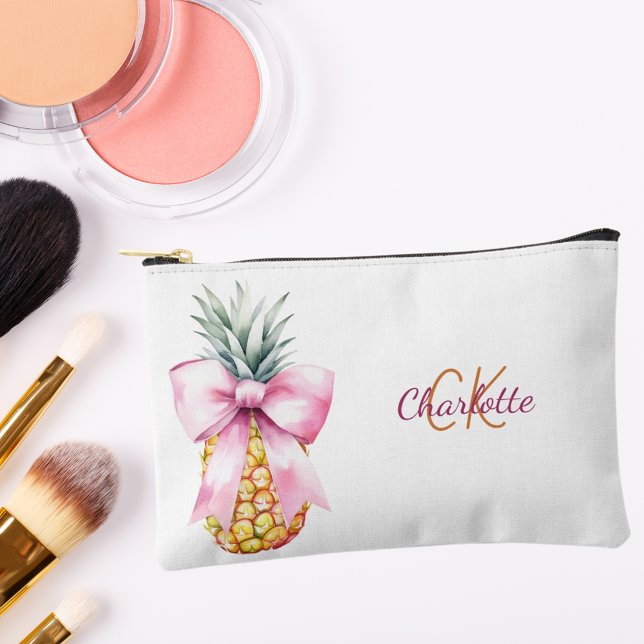 Pink bow pineapple tropical summer monogram accessory pouch (Creator Uploaded)