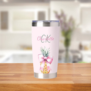 Pink bow pineapple tropical summer monogram insulated tumbler