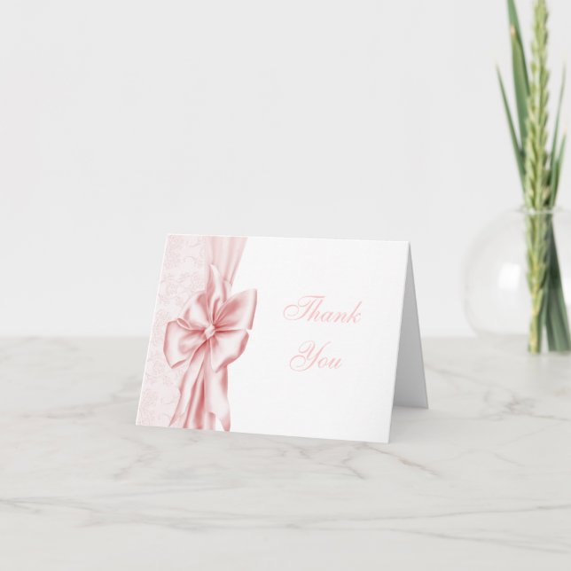 Pink Bow Pink Damask Thank You Cards (Front)