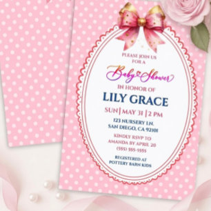 Pink Bow & Polka Dot Girl Baby Shower Invitation