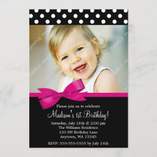 Pink Bow Polka Dots 1st Birthday Girl Photo Invitation