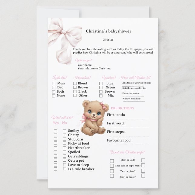 Pink Bow Predictions & advice games for Babyshower (Front)