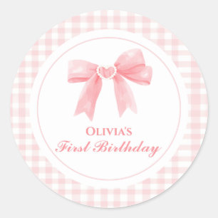Pink Bow preppy Coquette 1st birthday Classic Round Sticker