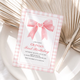 Pink Bow preppy Coquette 1st birthday Invitation