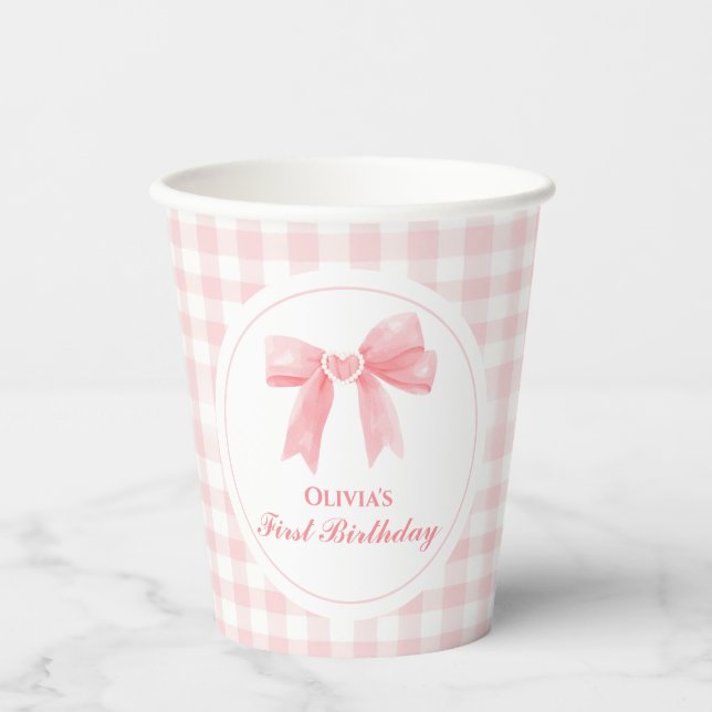 Pink Bow preppy Coquette 1st birthday Paper Cups (Front)