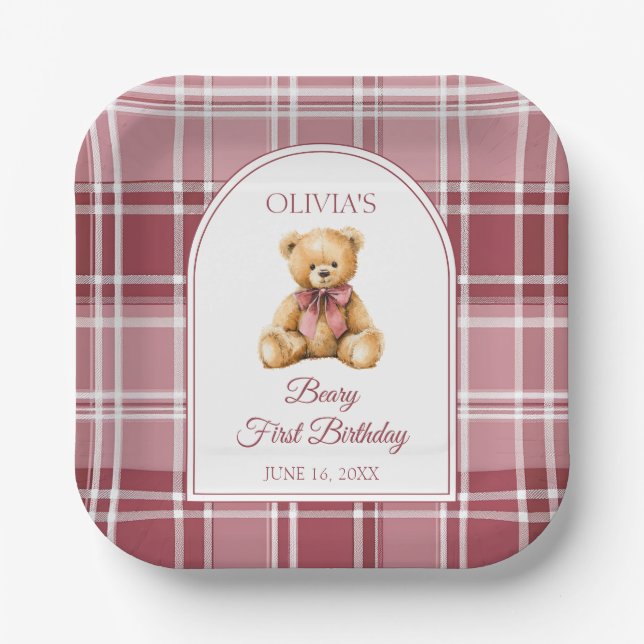 Pink Bow Preppy Teddy Bear 1st Birthday Paper Plate (Front)