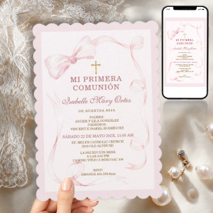 Pink Bow Primera Comunión Niña Invitation
