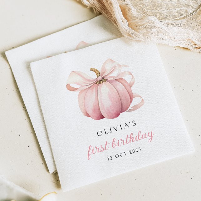 Pink Bow Pumpkin 1st Birthday Napkin (Creator Uploaded)
