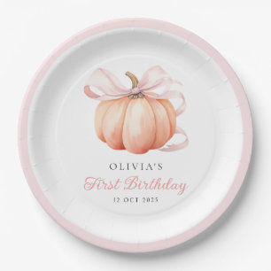 Pink Bow Pumpkin 1st Birthday Paper Plate