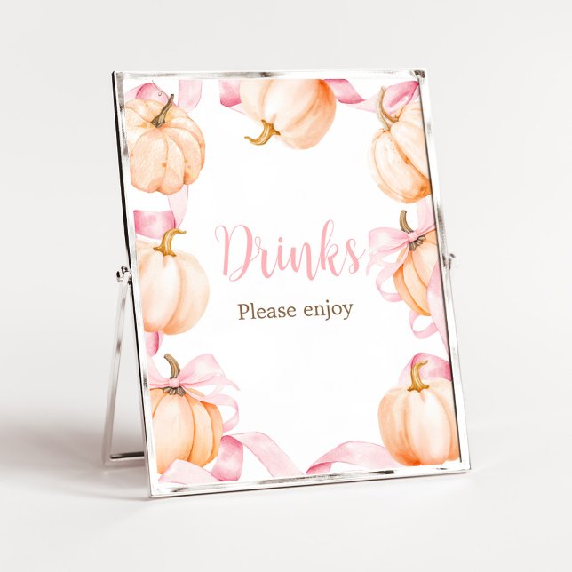 Pink Bow Pumpkin Baby Shower Drinks Sign (Girl Bow Pumpkin Baby Shower Drinks Sign)