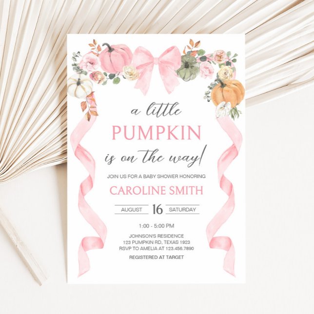 Pink Bow Pumpkin Baby Shower Invitation (Pink Bow Little Pumpkin Baby Shower Invitation)