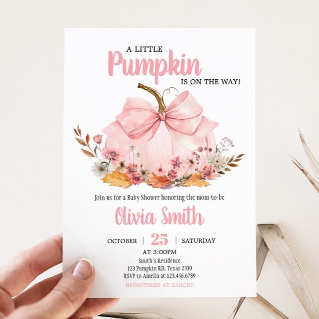 Pink Bow Pumpkin Baby Shower Invitation (Girl Bow Pumpkin Baby Shower Invitation)