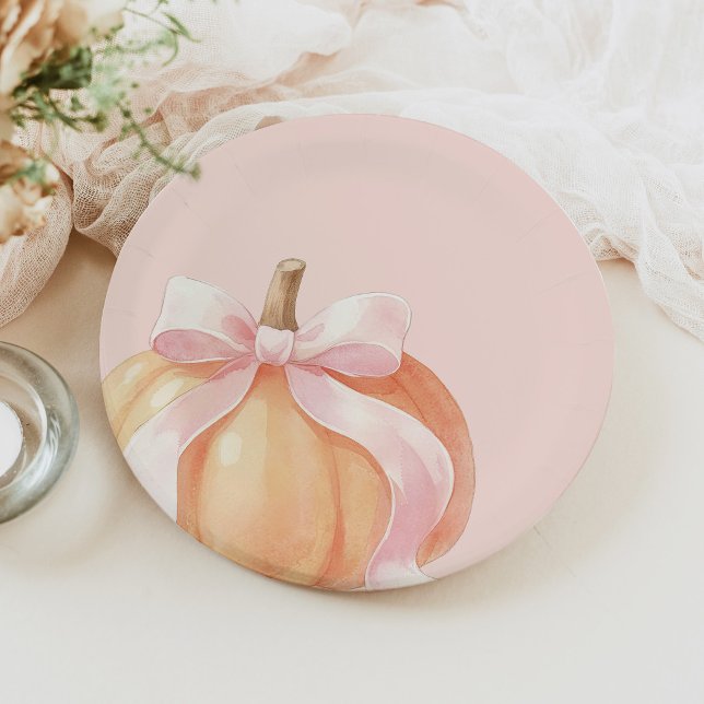 Pink Bow Pumpkin Baby Shower Paper Plate (Creator Uploaded)